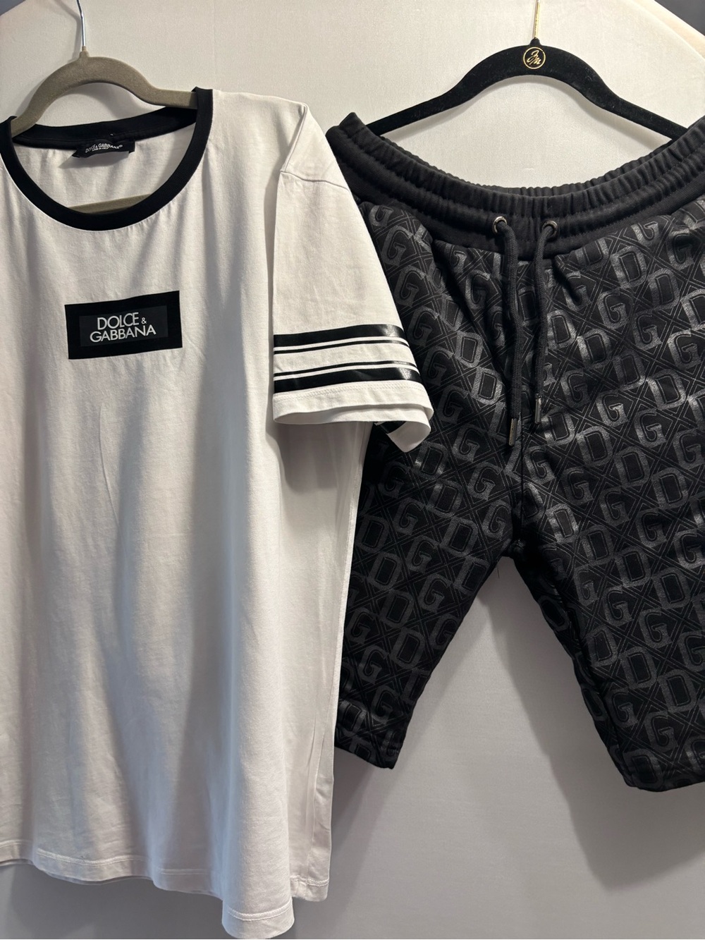 Dolce & Gabbana White Tee with Black Trim and Logo Patch & Logo Shorts
